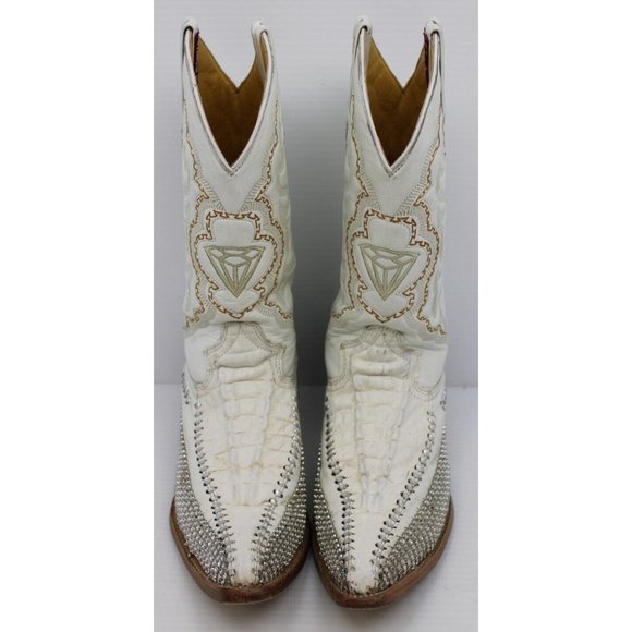 Vintage Mens White Diamond Crocodile Leather Sequin Stitched Cowboy Boots Sz 6.5 main image 8